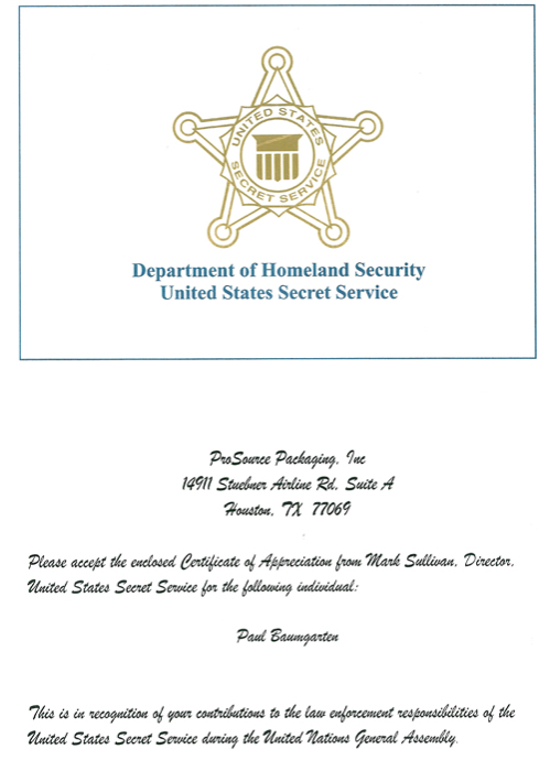 U.S. Sercret Service Appreciation Card to Paul Baumgarten