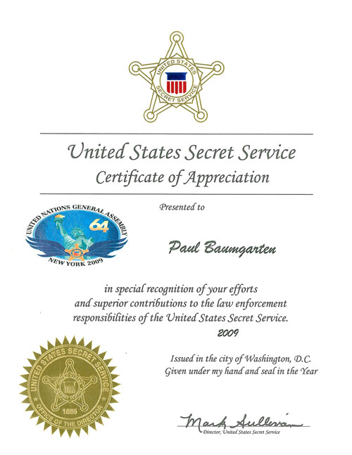 U.S. Sercret Service Certificate of Appreciation to Paul Baumgarten