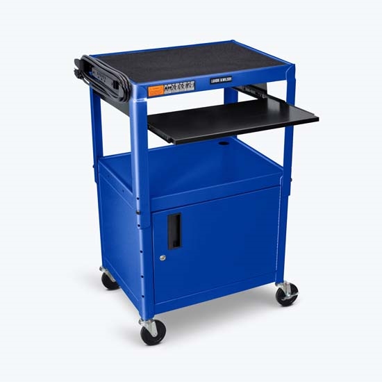Luxor AVJ42KBC-RB Adjustable Height Blue Metal A/V Cart w/ Pullout Keyboard Tray and Cabinet Luxor AVJ42KBC-RB Adjustable Height Blue Metal A/V Cart w/ Pullout Keyboard Tray and Cabinet