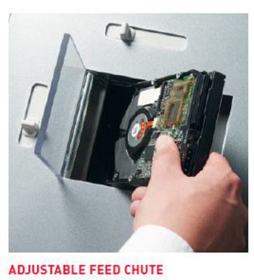 ADJUSTABLE FEED CHUTE - A convenient slide lever adjusts the feed chute to accept the 2 most common hard drive sizes. LEDs illuminate the feed chute during the punching process