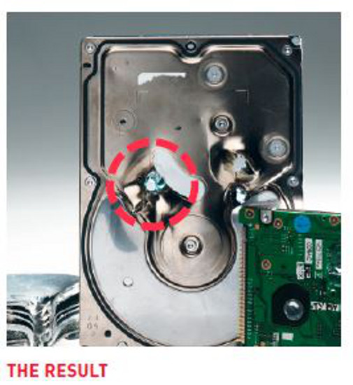 THE RESULT - Punching a hole completely through the drive damages all components  (metal housing, disk, and electronic parts) irreparably, rendering it unreadable