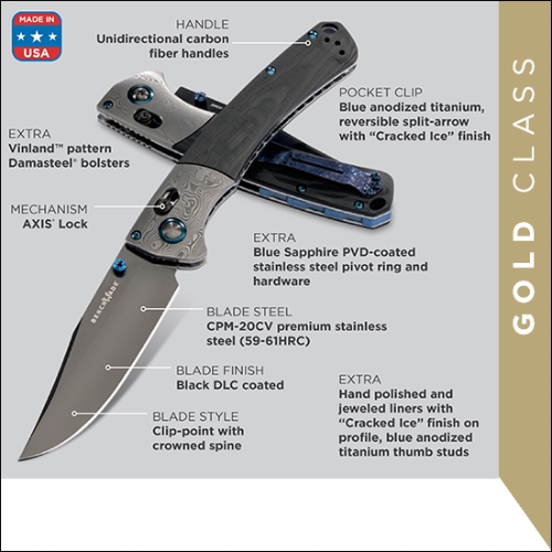 Benchmade 15080BK-191 Crooked River Folding Knife 4.00" CPM-20CV Gold Class Vinland Pattern, Blue Sapphire Hardware 