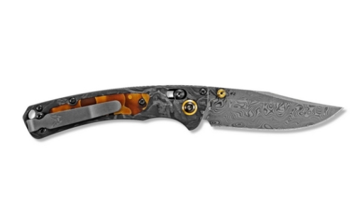 Benchmade 15085-201 Mini Crooked River Folding Knife 3.4" Damasteel Marbled Carbon Fiber Handle - 15085-201