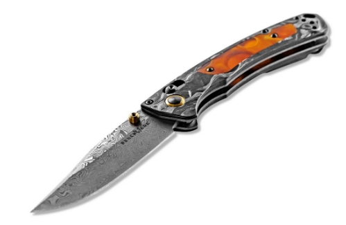Benchmade 15085-201 Mini Crooked River Folding Knife 3.4" Damasteel Marbled Carbon Fiber Handle - 15085-201