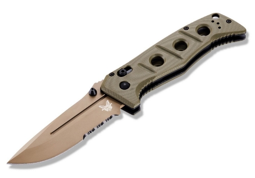 Benchmade 275SFE-2 Shane Sibert Adamas SERRATED Folding Knife 3.78" CruWear Flat Dark Earth Plain Blade, OD Green G10 Handles - 275SFE-2
