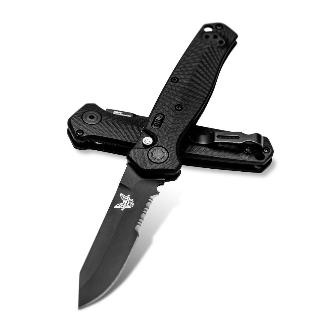 Benchmade 8551SBK Mediator AUTO Folding Knife 3.3" Black Serrated Blade Black G10 Chevron Pattern Handles