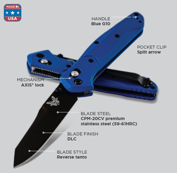Benchmade 940BK-2002 Osborne Folding Knife 3.4" CPM-20CV Black Blade Blue G10 Handle