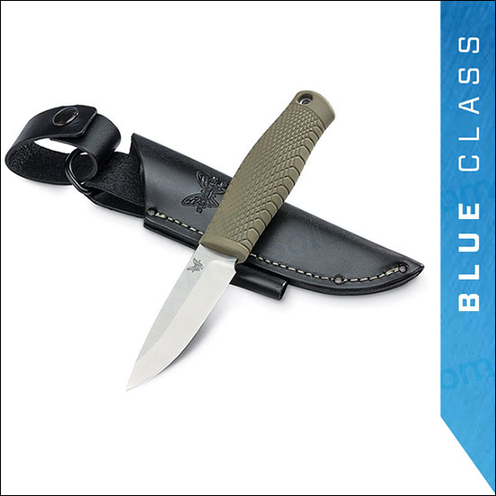 Benchmade 200 Puukko Fixed Blade Knife 3.75" CPM-3V Satin, OD Green Santoprene Handle, Black Leather Sheath