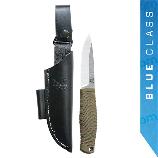Benchmade 200 Puukko Fixed Blade Knife 3.75" CPM-3V Satin, OD Green Santoprene Handle, Black Leather Sheath - 200