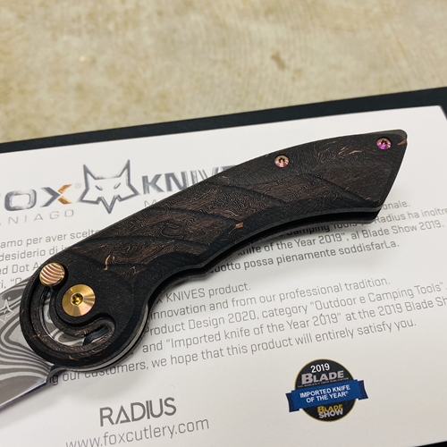 Fox FX550DCFR Radius Folding Knife 2.95" Gysinge Damasteel Plain Blade, "Space Coral" Copper Infused Carbon Fiber Handles - 01FX888DAM - 01FX888DAM
