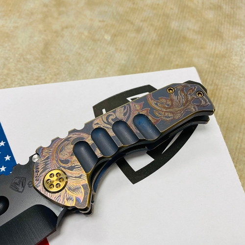 Medford Praetorian Genesis TI S35VN PVD Drop Point 3.75" Bank Scroll Filigree Knife Serial 02-024 - MK202SPD-37A2-T1CP-BP 02-024